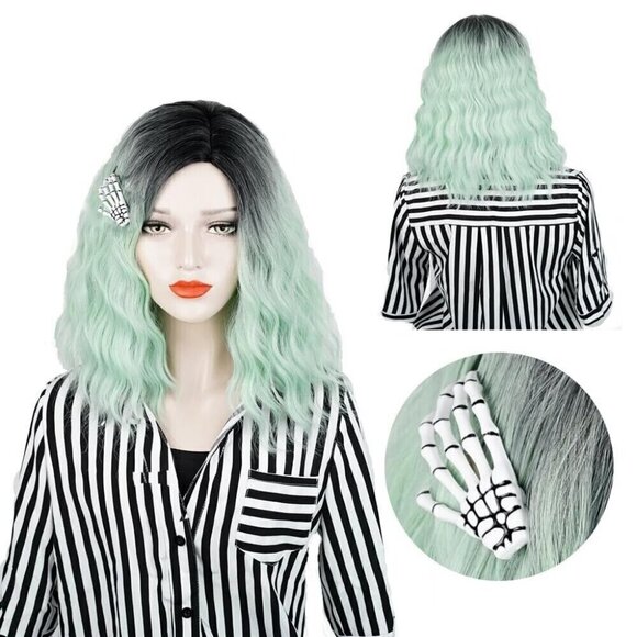 Cosplay Synthetic Hair Lace Wig Body Wavy Black to Green Ombre w/ Skull Clip - Picture 1 of 5